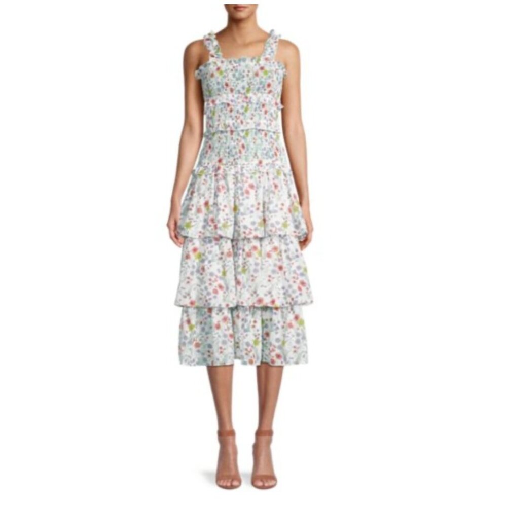 SAYLOR Magnifique Leanna Floral Dobby Dress Smocked Tiered Midi Flowy NEW $323